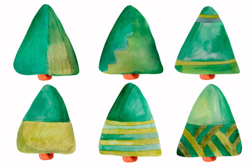 A set of green Christmas trees. Watercolor hand drawing.