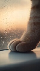 A soft cat paw resting against a rainy window, capturing a moment of cozy introspection during a sunset