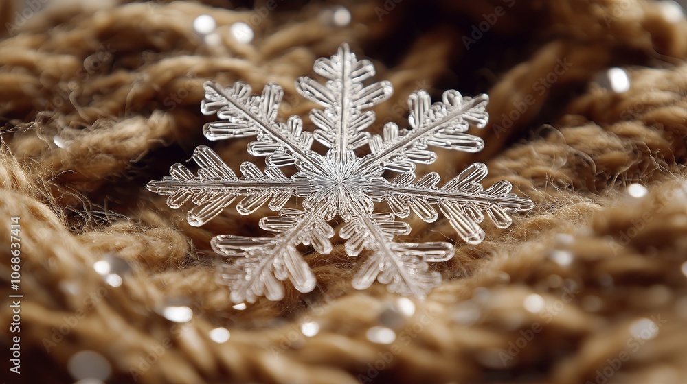 Poster macro shot of a snowflake on wool fabric