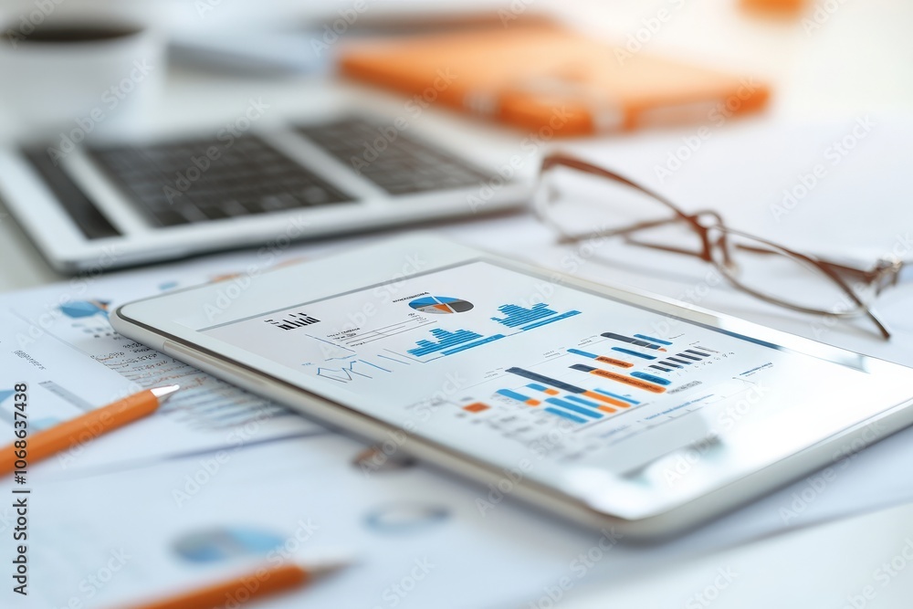 Poster a tablet with digital graphs and charts lies on a table with eyeglasses nearby, set against a blurre