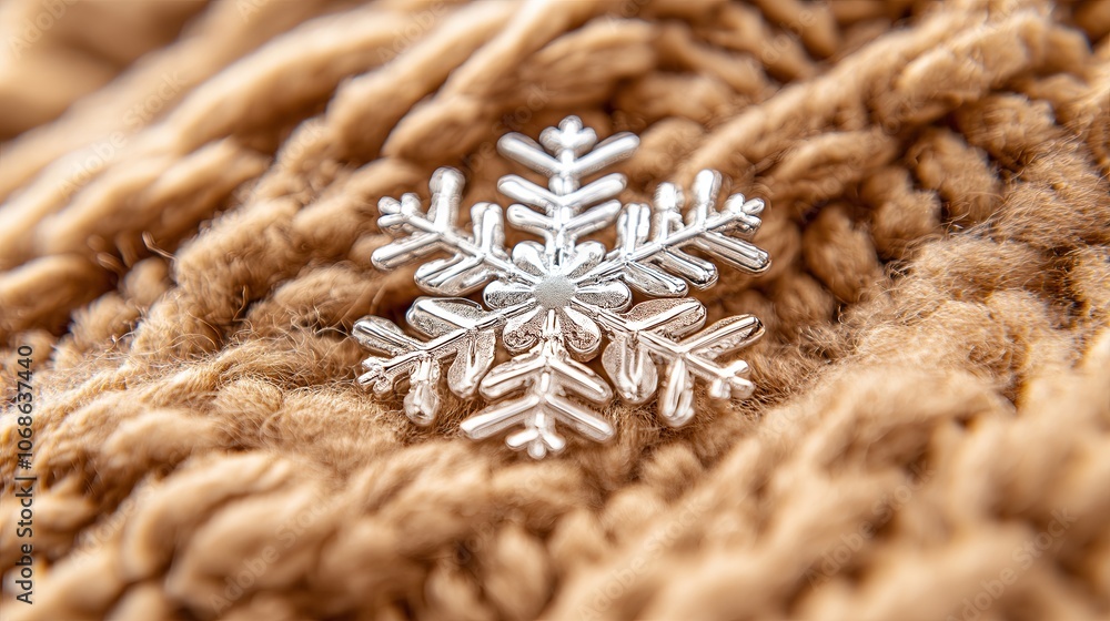 Poster macro shot of a snowflake on wool fabric