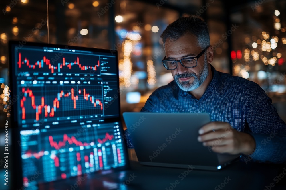 Poster the man is intently working in a dimly lit room, analyzing financial graphs on multiple screens at n