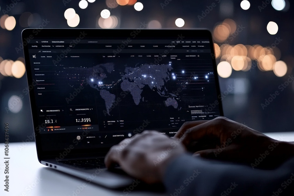 Poster the image shows a person typing on a laptop with a digital world map interface displayed. the city l