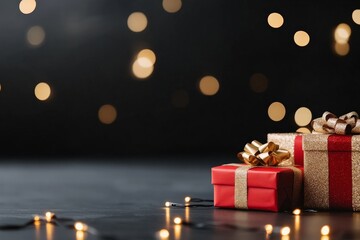 This image presents neatly wrapped red and gold gifts under an atmospheric bokeh light effect, suggesting a festive and celebratory holiday theme.