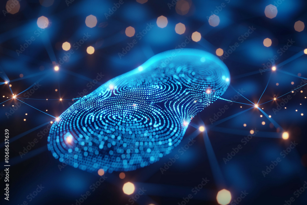 Poster futuristic biometric fingerprint scan with glowing blue lights and digital network connections for a