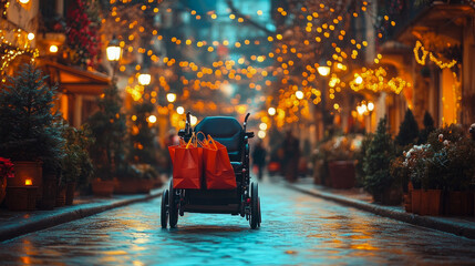 Naklejka premium A stroller filled with shopping bags stands alone in a charming market adorned with twinkling lights during a festive evening