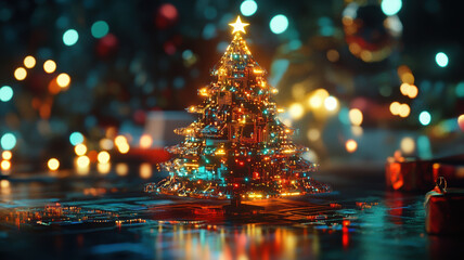 A digital Christmas tree shines with vibrant, festive circuits, blending holiday warmth with a modern, tech-inspired design.