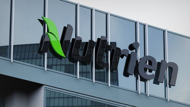Los Angeles, USA - April 4, 2022 Nutrien only editorial Stock information on the logo of the office facade