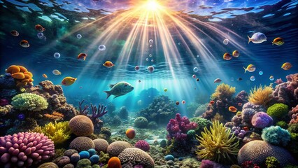 Obraz premium Stunning Underwater Scene of Air Bubbles with Tropical Light Rays, Capturing the Beauty of Sea Life and Marine Environment in Fashion Photography