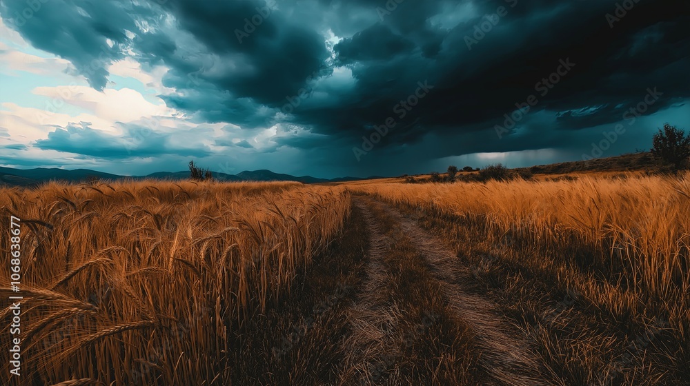 Poster golden wheat swaying in the breeze under a cloudy sky