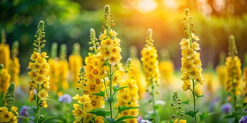 Stunning Yellow Delphinium Flowers in Summer Garden Landscape Design - Selective Focus Tilt-Shift Photography for Beautiful Desktop Wallpaper