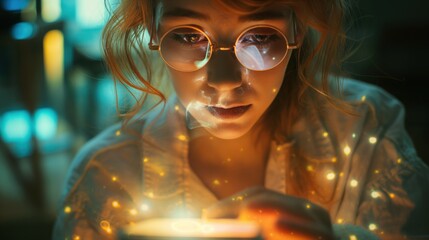 Woman in tech exploring futuristic technology and AI