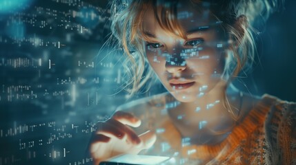 Young woman using futuristic mobile technology powered by AI 