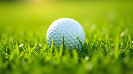 A close-up view of a golf ball nestled in lush green grass on a sunny day at the local golf course, showcasing the textures and details of the ball and surrounding environment