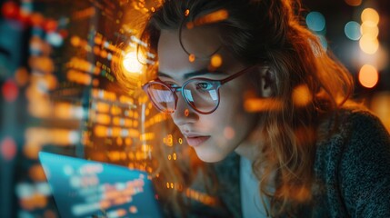 Woman in tech exploring futuristic technology and AI