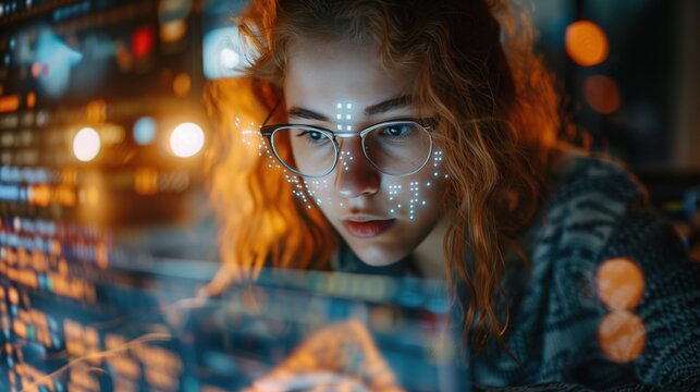 Woman in tech exploring futuristic technology and AI