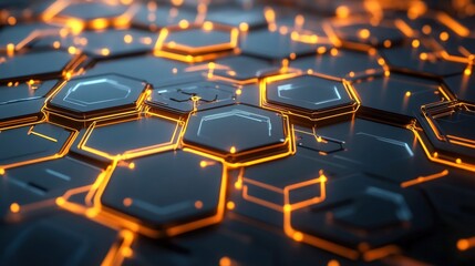 Obraz premium Futuristic Crystal Structure with Hexagonal Patterns in Vibrant Golds and Oranges