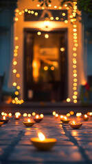 Obraz premium Contemporary living room décor featuring holiday lights, ideal for festive themes, with soft bokeh effects and highlights from garlands.