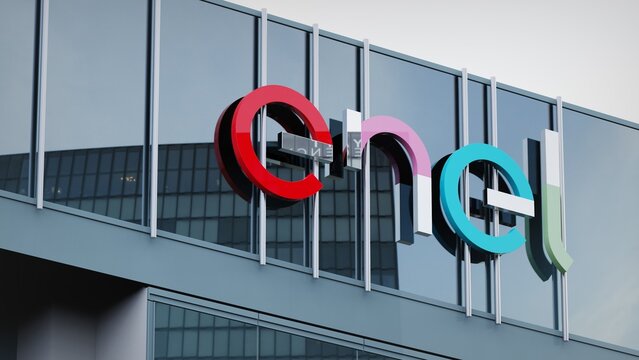 Vancouver, Canada - June 6, 2020 Enel only editorial Stock information on the logo of the office facade