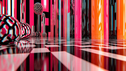 Nighttime city room design with colorful striped background and soft lighting patterns.