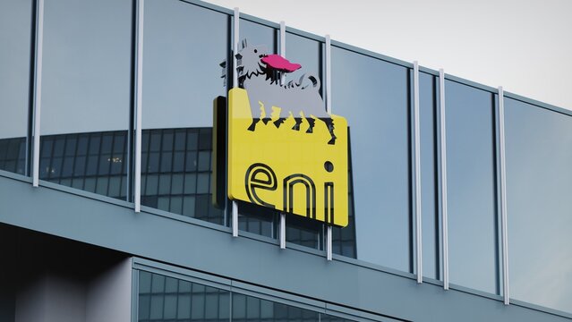 Chicago, USA - September 30, 2022 ENI only editorial Stock information on the logo of the office facade