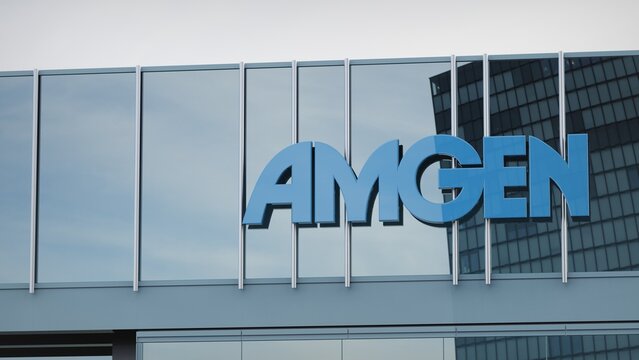 London, UK - March 1, 2018 Amgen only editorial Stock information on the logo of the office facade