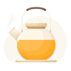 Teapot glass with sea buckthorn tea or mango, glass mug. Drink image in flat style.