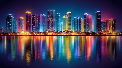 Obraz premium City skyline at night, fireworks in vibrant colors, New Year celebration, watercolor-inspired background