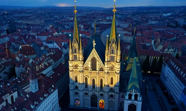 Aerial view of famous places St. Stephen's Cathedral Stephansdom at night. Mother church of the Roman Catholic Archdiocese of Vienna. Austria