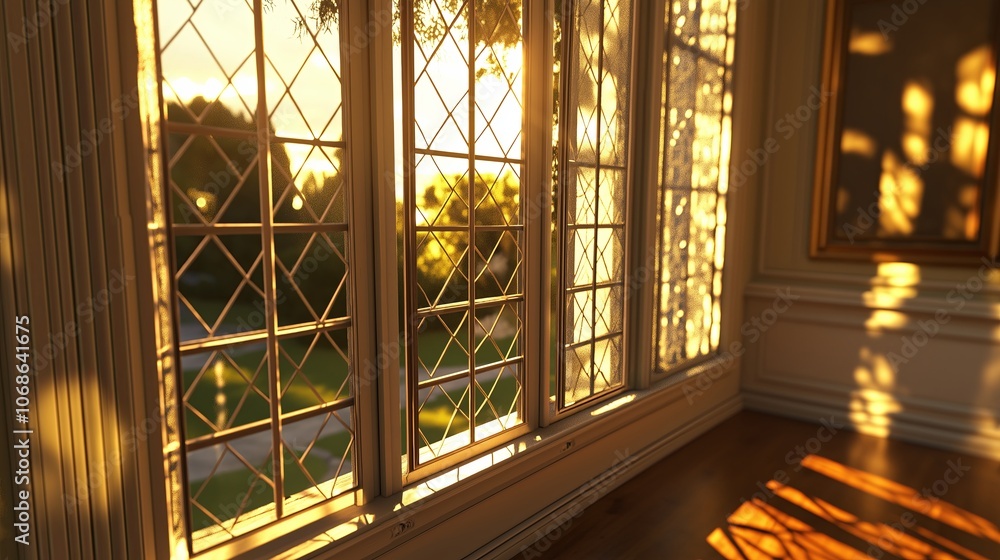 Poster golden hour shadows cast by geometric window pattern