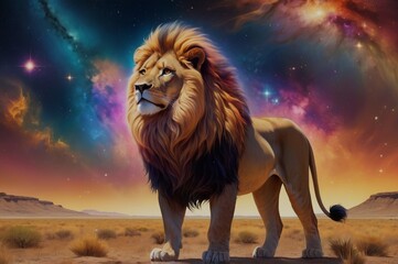 A proud lion stands in a golden savannah, its majestic mane reflecting nebula-like colors and cosmic light. The sky above is filled with galaxies and stars, creating a powerful celestial atmosphere.
