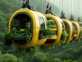 Conceptual image of futuristic floating modular skygardens transporting lush and verdant living cargo habitats  The structures feature organic textures bio inspired shapes