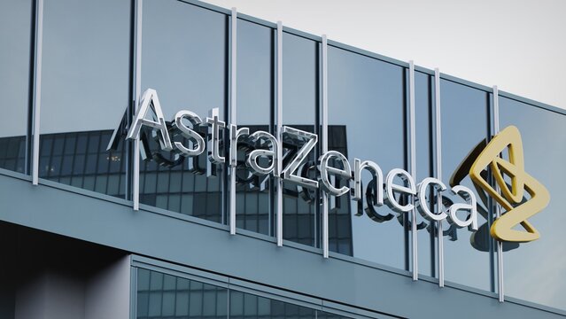 Los Angeles, USA - August 19, 2018 AstraZeneca only editorial Stock information on the logo of the office facade