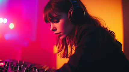 Naklejka premium Portrait of Girl DJ with Retro Headphones and Vintage Player in Neon Pastel Colors
