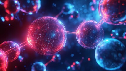 Abstract molecular structure with red and blue energy threads connecting glowing spheres in deep space, symbolizing scientific connectivity.