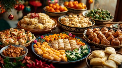 Culinary diversity at potluck featuring traditional New Year foods