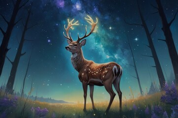 A deer stands peacefully in a moonlit meadow, its body glowing with constellations. The night sky above is filled with nebulae, creating a tranquil, cosmic connection between the earth and the stars.