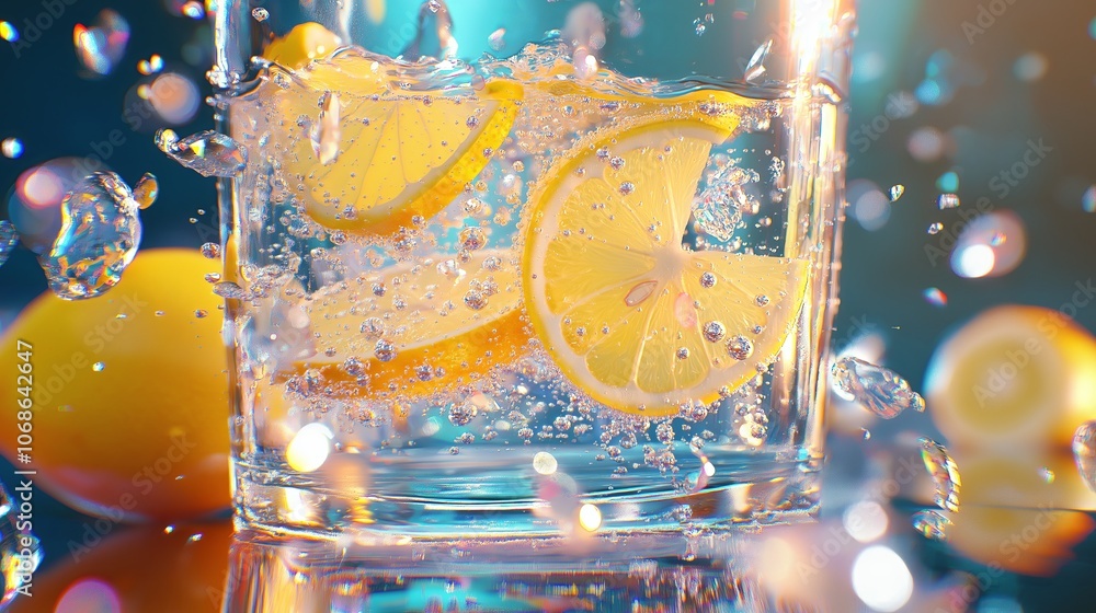 Poster glass of sparkling water with lemon slices and bubbles