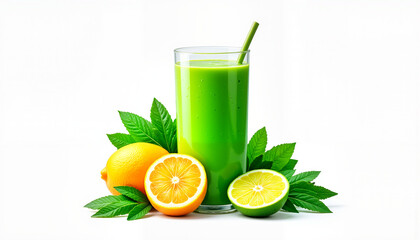 Fototapeta premium Glass of green juice with citrus fruits and leaves on white