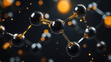 Shiny black and gold molecular structure with vibrant highlights, floating in dark space, capturing a futuristic vibe.