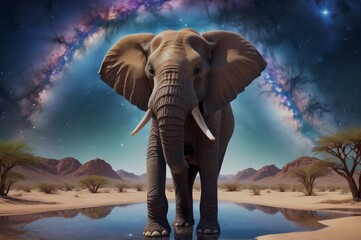 An elephant stands by a tranquil oasis in the desert, its skin shimmering with cosmic stardust. The desert stretches out around it, while the sky glows with nebulae and stars, creating a celestial oas
