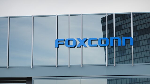 Los Angeles, USA - December 1, 2022 Foxconn only editorial Stock information on the logo of the office facade