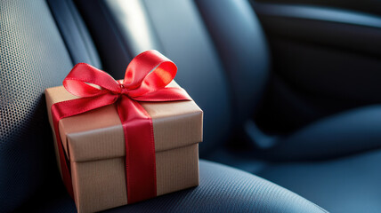 
A festive gift box with a bright red ribbon sits on the car seat, adding a cheerful touch to the holiday road trip atmosphere.