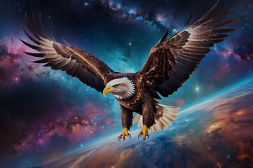 An eagle soars high above the earth, its wings glowing with galaxy hues. The endless sky stretches around it, filled with nebulae and stars, as the eagle rides the cosmic winds.