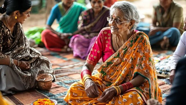 Indian grandmother sitting on the carpet This scene looks warm and friendly. Indian culture