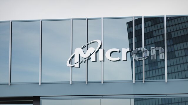 Vancouver, Canada - March 3, 2021 Micron Technology only editorial Stock information on the logo of the office facade