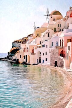 view of santorini White buildings against blue sky and sea,watercolour art, pastele colours