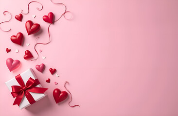 Background design for Valentine's Day. Valentine's Day greetings with hearts and gifts for a romantic holiday greeting. Selective focus, shallow depth of field, blurred background