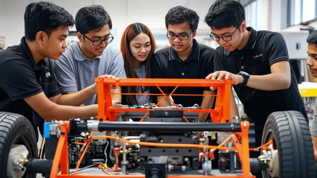 Group of Asian people working on car engine The scenes are collaborative and focused.