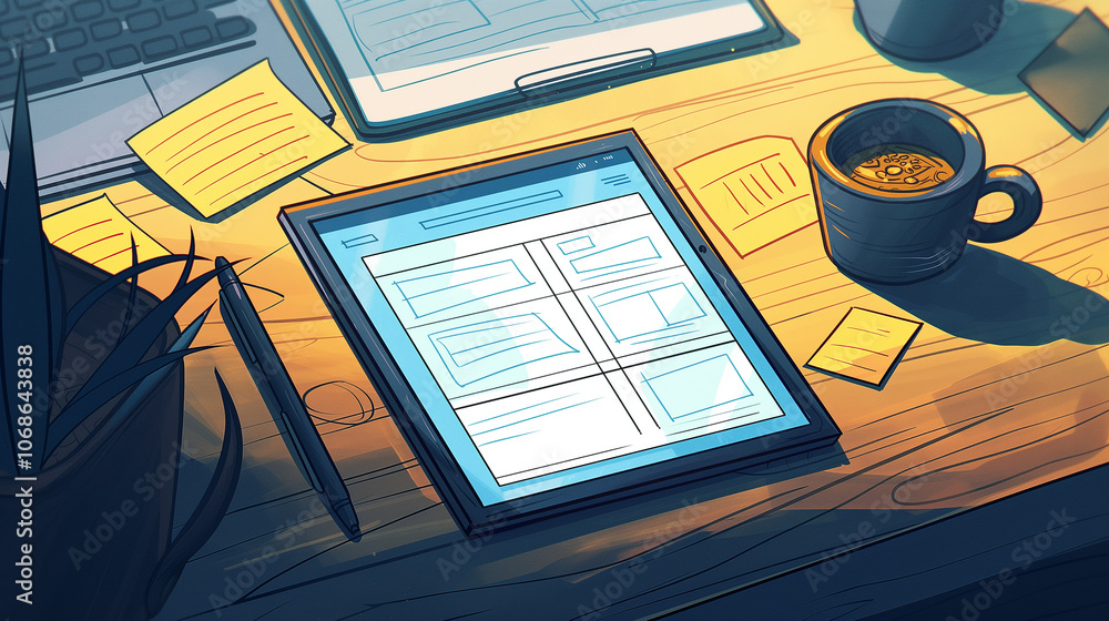 Poster tablet showing a dynamic user interface for app development, surrounded by digital notes and coffee 
